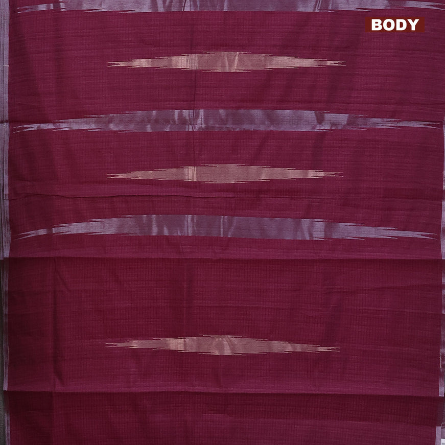 Matka tussar saree dark magenta pink with silver & gold zari weaves and piping border