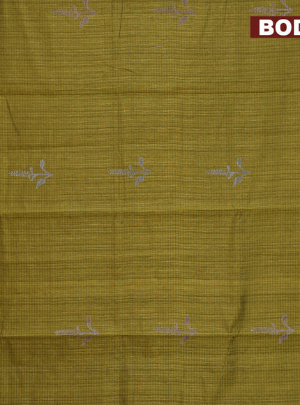 Matka tussar saree mehendi green with woven buttas and piping border