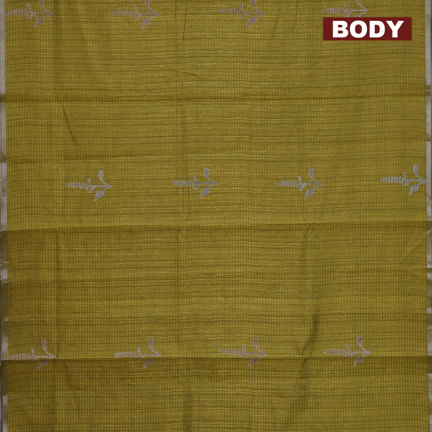 Matka tussar saree mehendi green with woven buttas and piping border