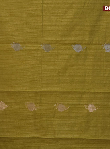 Matka tussar saree mehendi green with silver & gold zari woven buttas and piping border