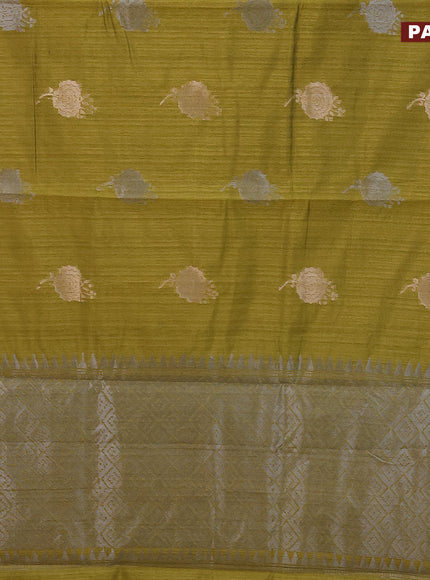 Matka tussar saree mehendi green with silver & gold zari woven buttas and piping border