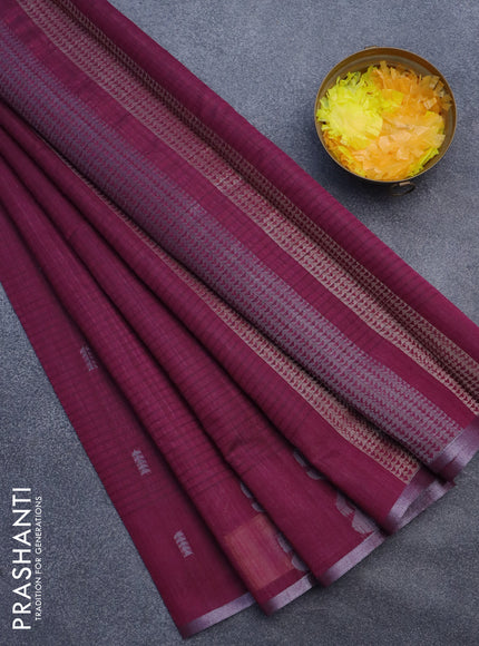 Matka tussar saree dark magenta pink with silver & gold zari woven buttas and piping border