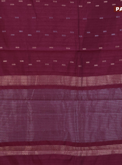 Matka tussar saree dark magenta pink with silver & gold zari woven buttas and piping border