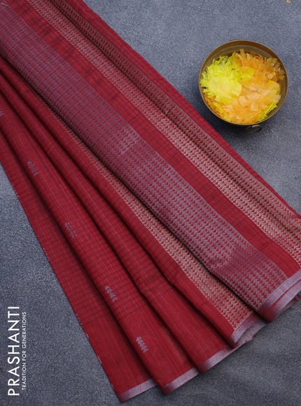 Matka tussar saree maroon with silver & gold zari woven buttas and piping border