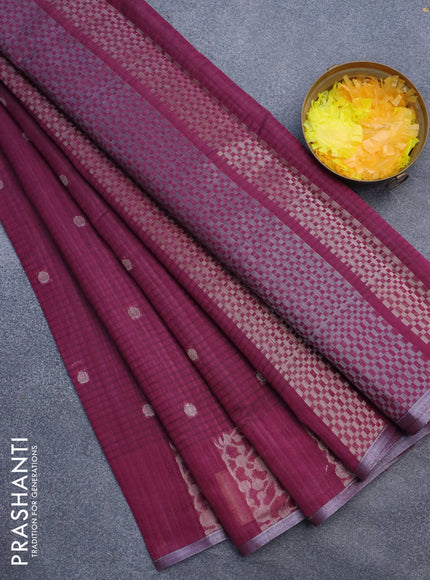 Matka tussar saree dark magenta pink with zari woven buttas and piping border