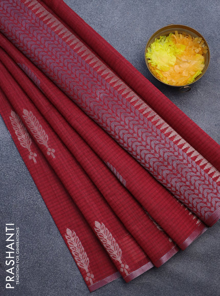 Matka tussar saree maroon with silver & gold zari woven buttas and piping border