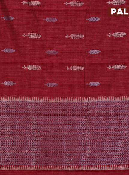 Matka tussar saree maroon with silver & gold zari woven buttas and piping border