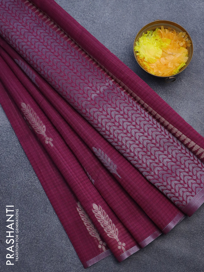 Matka tussar saree magenta pink with silver & gold zari woven buttas and piping border