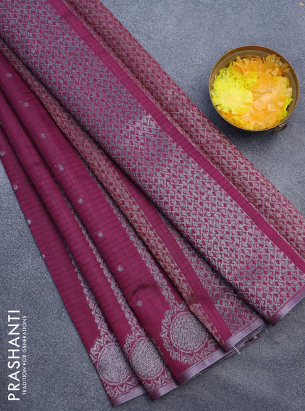 Matka tussar saree dark magenta pink with allover thread & silver zari weaves and piping border