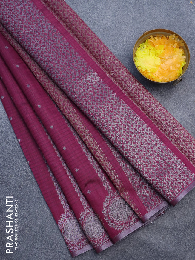 Matka tussar saree dark magenta pink with allover thread & silver zari weaves and piping border