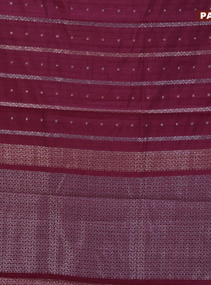 Matka tussar saree dark magenta pink with allover thread & silver zari weaves and piping border