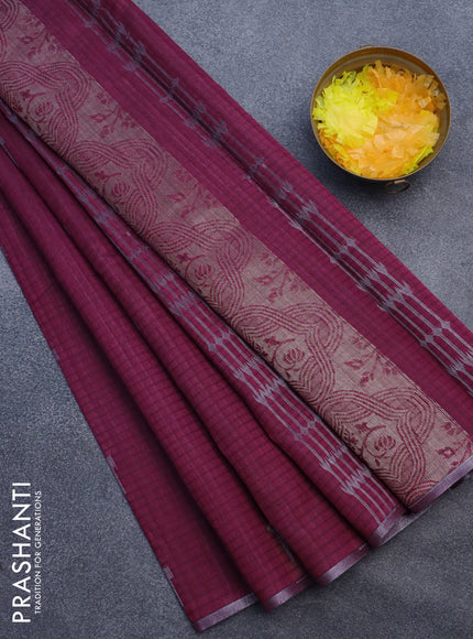 Matka tussar saree dark magenta pink with silver & gold zari woven buttas and piping border