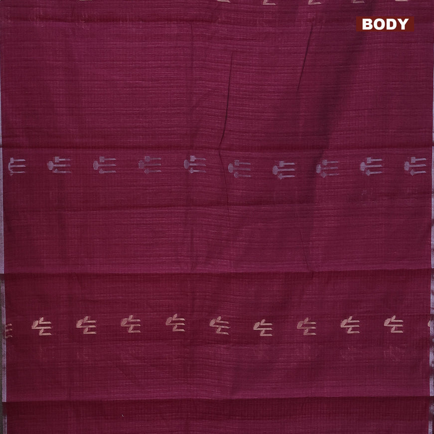 Matka tussar saree dark magenta pink with silver & gold zari woven buttas and piping border