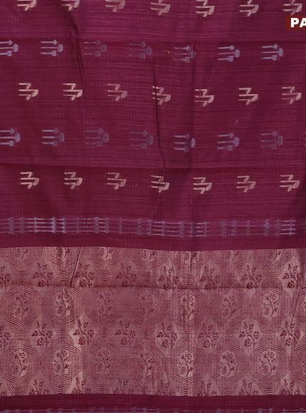 Matka tussar saree dark magenta pink with silver & gold zari woven buttas and piping border