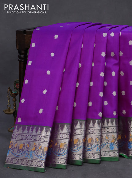 Venkatagiri silk saree purple and green with allover silver zari woven geometric buttas and rich zari woven paithani style border