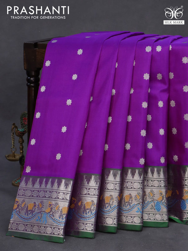 Venkatagiri silk saree purple and green with allover silver zari woven geometric buttas and rich zari woven paithani style border