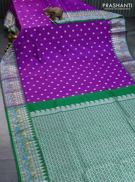 Venkatagiri silk saree purple and green with allover silver zari woven geometric buttas and rich zari woven paithani style border