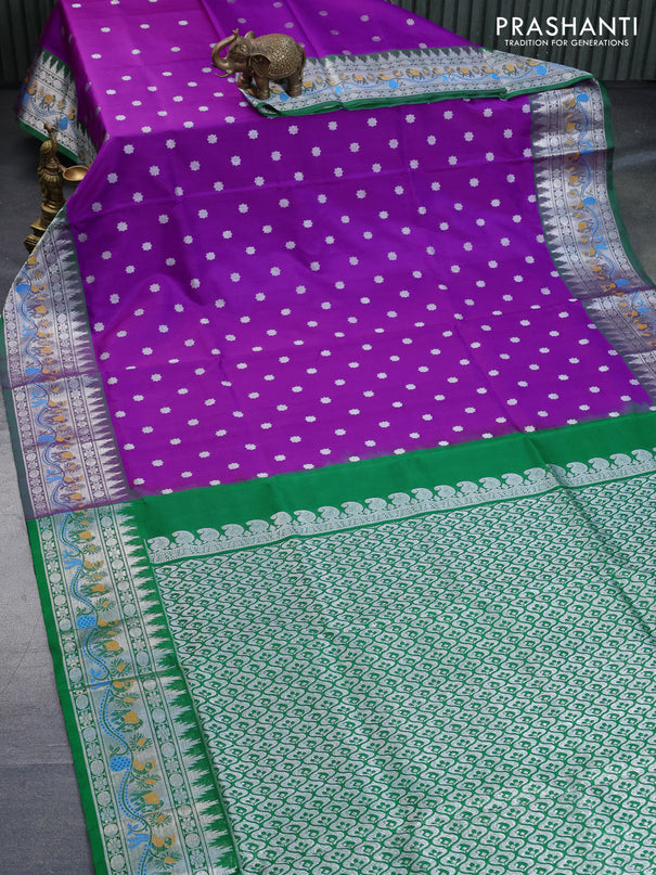 Venkatagiri silk saree purple and green with allover silver zari woven geometric buttas and rich zari woven paithani style border