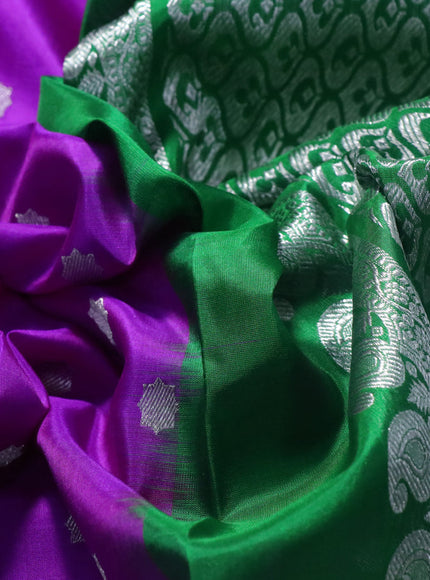 Venkatagiri silk saree purple and green with allover silver zari woven geometric buttas and rich zari woven paithani style border