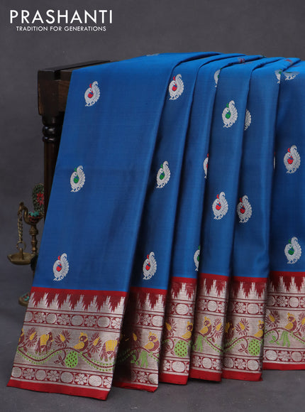 Venkatagiri silk saree cs blue and red with thread & silver zari woven annam buttas and rich zari woven paithani style border