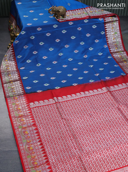 Venkatagiri silk saree cs blue and red with thread & silver zari woven annam buttas and rich zari woven paithani style border