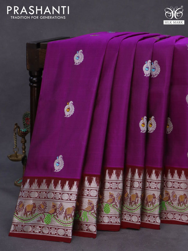 Venkatagiri silk saree purple and red with thread & silver zari woven annam buttas and rich zari woven paithani style border