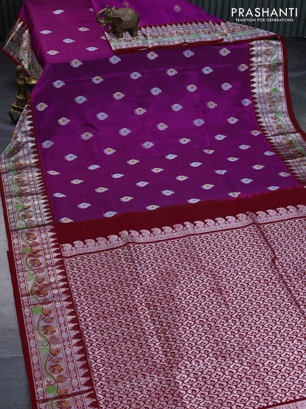 Venkatagiri silk saree purple and red with thread & silver zari woven annam buttas and rich zari woven paithani style border