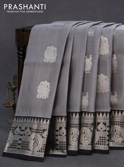 Venkatagiri silk saree grey and black with silver zari woven buttas and rich silver zari woven border