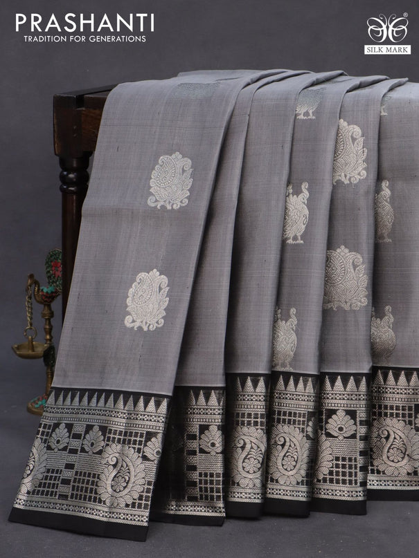 Venkatagiri silk saree grey and black with silver zari woven buttas and rich silver zari woven border