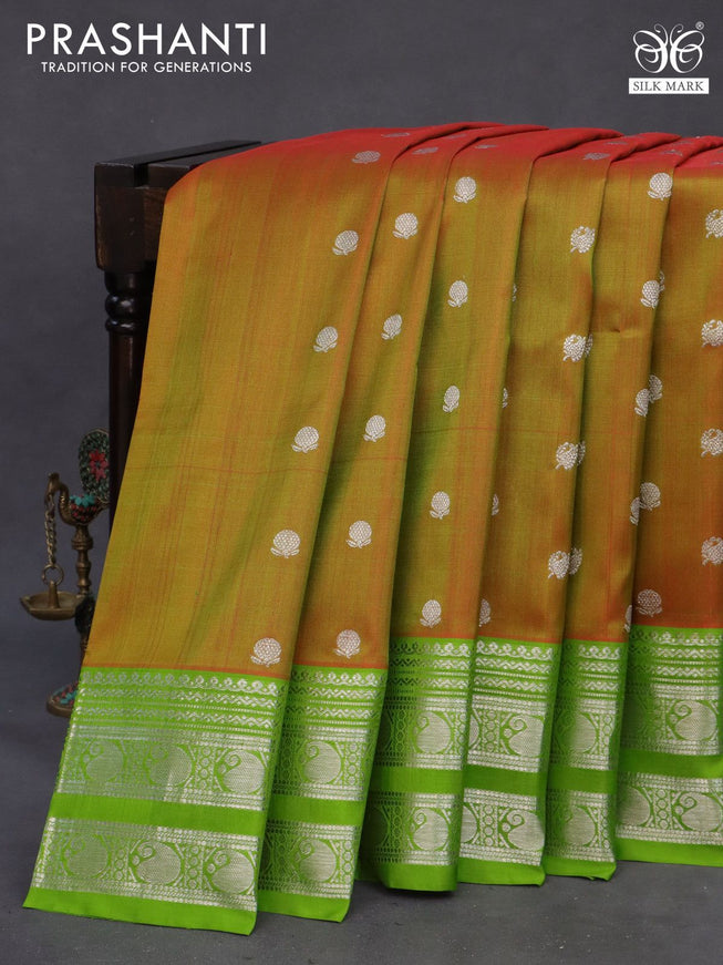 Venkatagiri silk saree dual shade of greenish red and light green with allover silver zari woven buttas and rich silver zari woven border