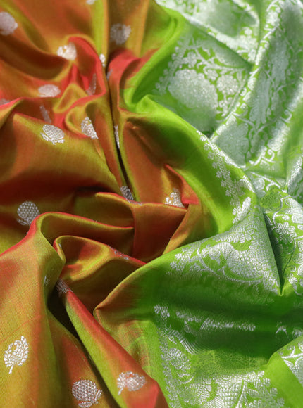 Venkatagiri silk saree dual shade of greenish red and light green with allover silver zari woven buttas and rich silver zari woven border