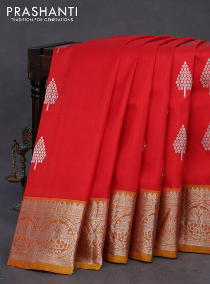 Venkatagiri silk saree red and yellow with silver zari woven buttas and rich silver zari woven border