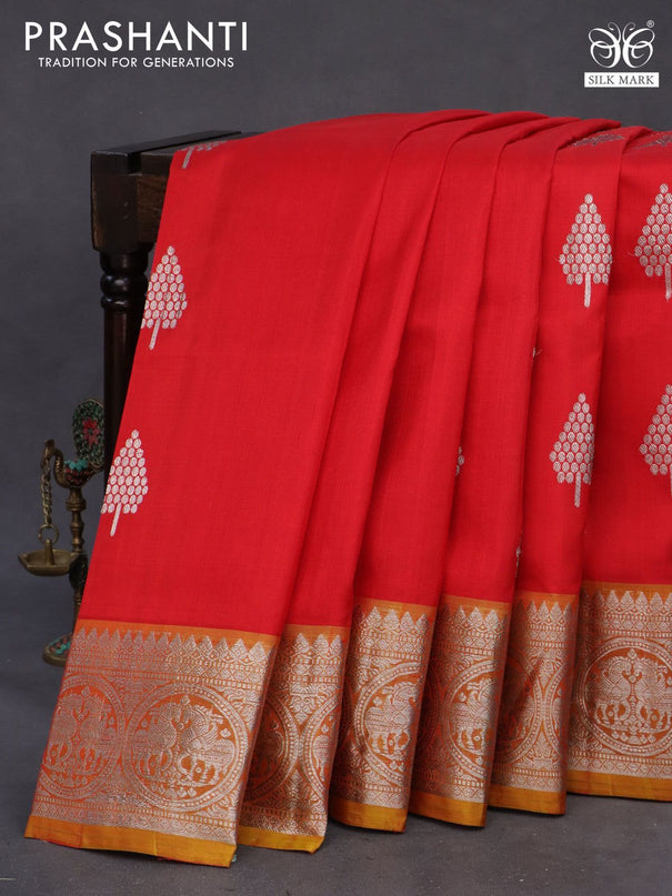 Venkatagiri silk saree red and yellow with silver zari woven buttas and rich silver zari woven border