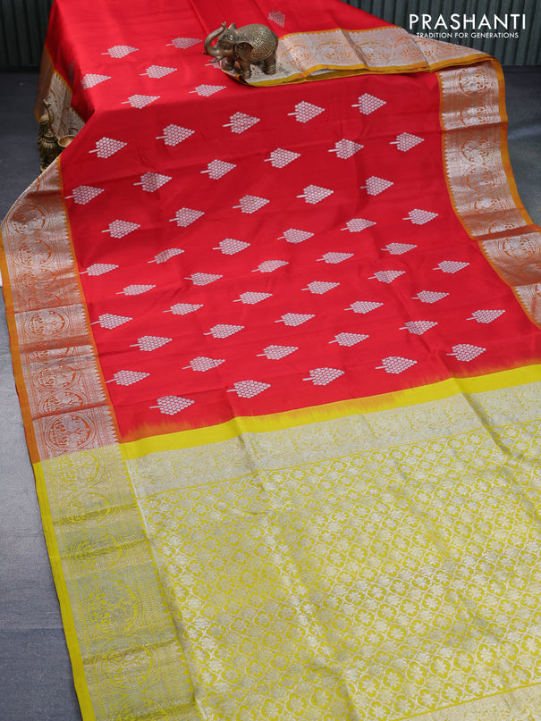 Venkatagiri silk saree red and yellow with silver zari woven buttas and rich silver zari woven border