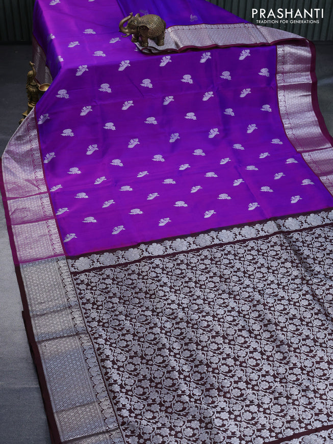 Venkatagiri silk saree purple and coffee brown with silver zari woven buttas and rich silver zari woven border