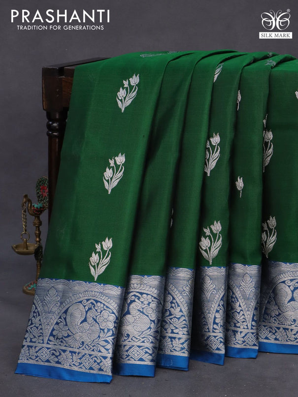 Venkatagiri silk saree dark green and cs blue with silver zari woven floral buttas and rich silver zari woven border