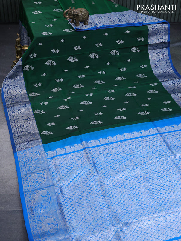 Venkatagiri silk saree dark green and cs blue with silver zari woven floral buttas and rich silver zari woven border