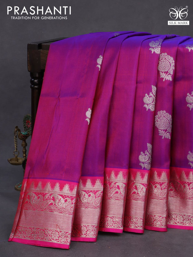 Venkatagiri silk saree dual shade of purple and pink with allover zari woven buttas and rich silver zari woven border