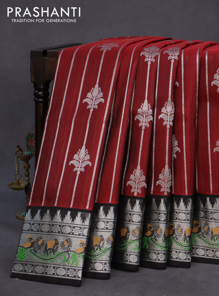 Venkatagiri silk saree maroon and black with allover silver zari weaves and rich zari woven paithani style border