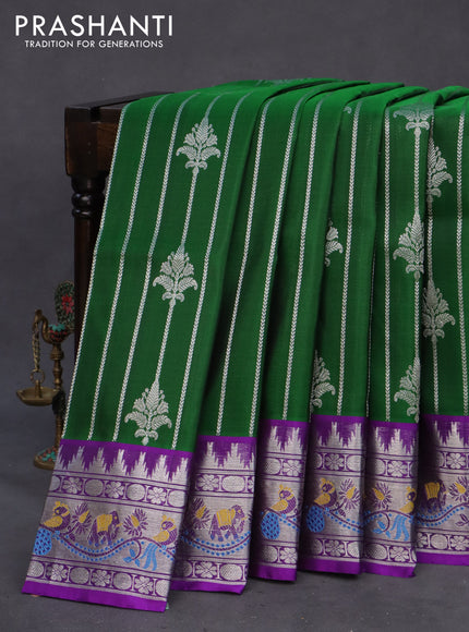 Venkatagiri silk saree green and purple with allover silver zari weaves and rich zari woven paithani style border