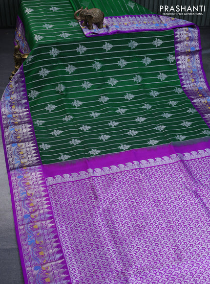 Venkatagiri silk saree green and purple with allover silver zari weaves and rich zari woven paithani style border