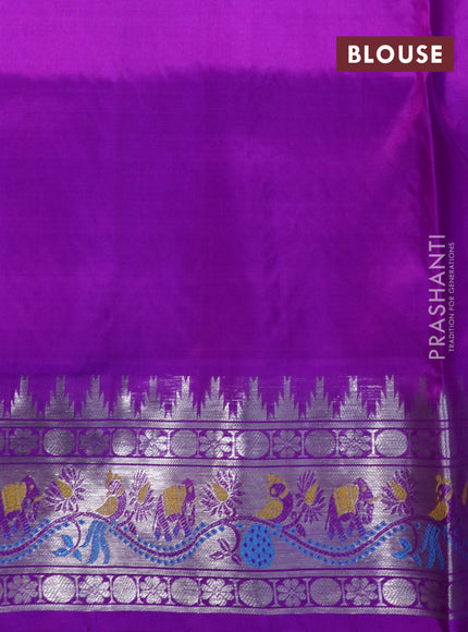 Venkatagiri silk saree green and purple with allover silver zari weaves and rich zari woven paithani style border