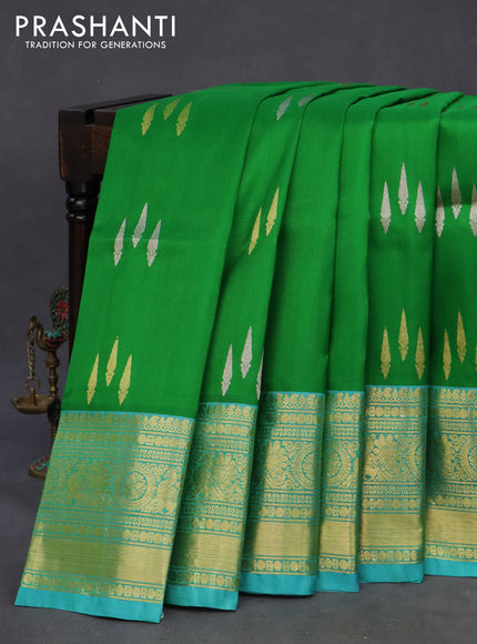 Venkatagiri silk saree green and light blue with silver & gold zari woven buttas and long rich zari woven border