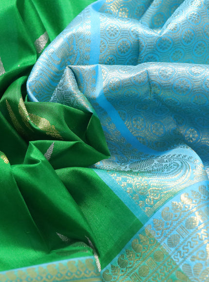 Venkatagiri silk saree green and light blue with silver & gold zari woven buttas and long rich zari woven border