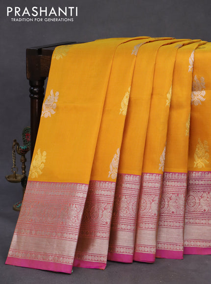 Venkatagiri silk saree mustard yellow and purple with silver & gold zari woven buttas and long rich silver zari woven border