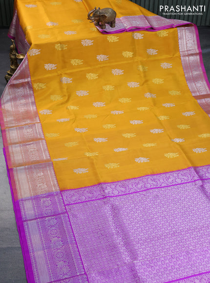 Venkatagiri silk saree mustard yellow and purple with silver & gold zari woven buttas and long rich silver zari woven border