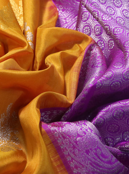 Venkatagiri silk saree mustard yellow and purple with silver & gold zari woven buttas and long rich silver zari woven border