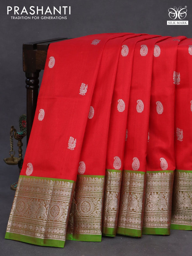 Venkatagiri silk saree red and parrot green with silver zari woven buttas and rich zari woven border