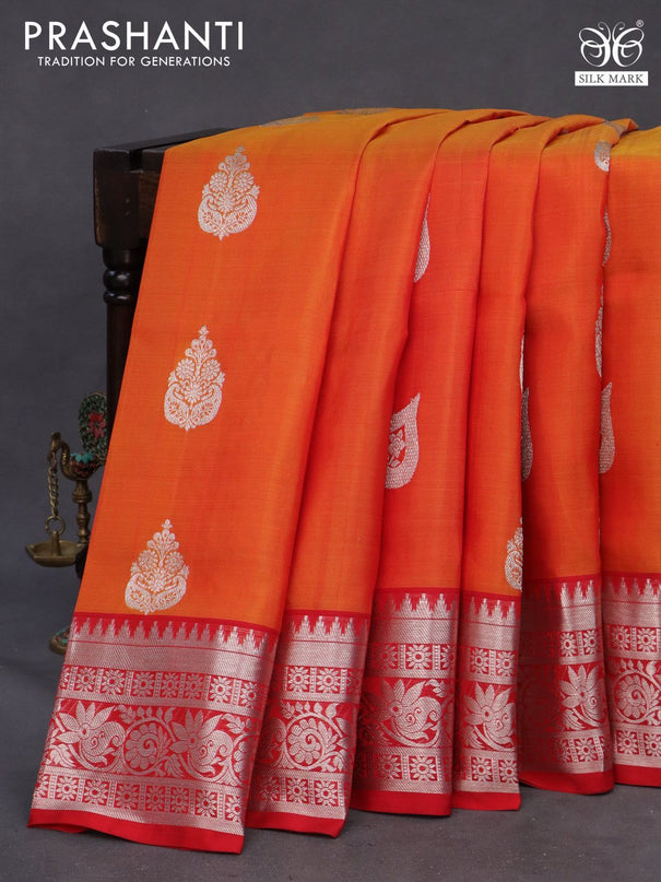 Venkatagiri silk saree dual shade of reddish orange and red with silver zari woven buttas and rich zari woven border