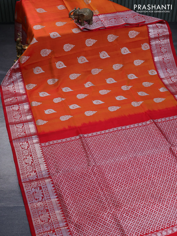 Venkatagiri silk saree dual shade of reddish orange and red with silver zari woven buttas and rich zari woven border